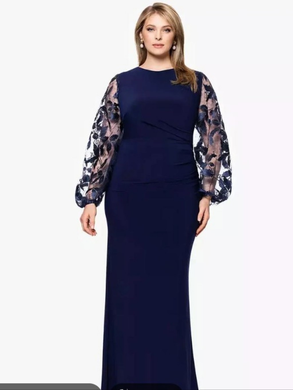Betsy & Adam Navy Long Sleeve Evening Gown With Sheer Embroidered Sleeves#304#